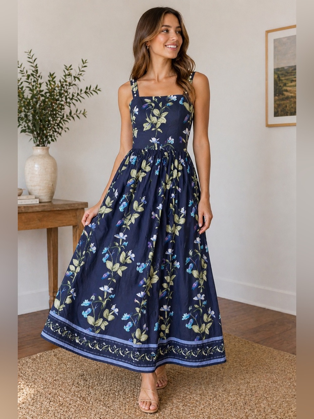 DUO MAR Navy Floral Maxi Dress | Pearl Strap Detail | Cottagecore | Size M‎